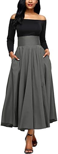 Annflat Women's Summer High Waist Swing Pleated Full Length Front Slit Belted Maxi Skirt X-Large Grey