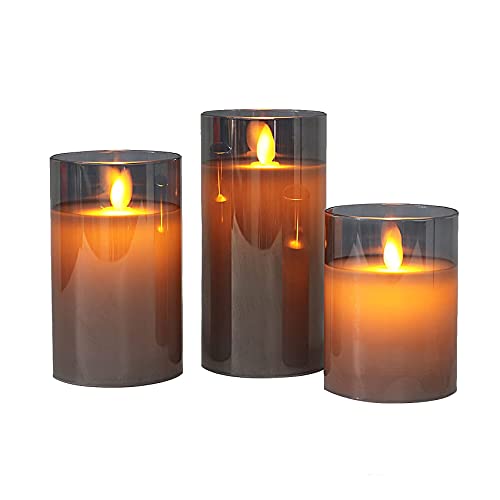 Gray Glass Flameless Candles Flickering with Moving Flame, Battery
