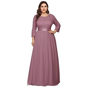 Ever-Pretty Vrouwen A Lijn 3/4 Mouwen Ronde Hals Kant Vloer Lengte Elegant Plus Size Bruidsmeisje Jurken 07412PL