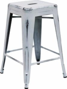 (25 Chairs - set) Distressed looking Square metal counter height (24") stool for indoor or outdoor use ... (White)