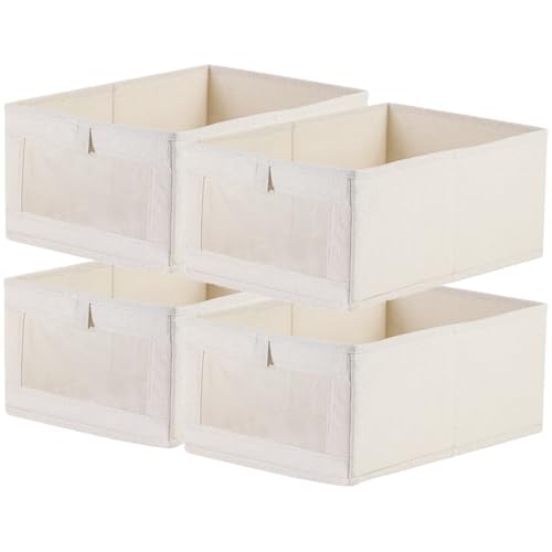 Niviy 4 x Foldable Cotton and Linen Fabric Clothes Storage Box with Transparent Window for Shelf, Laundry, Toys, Books 41 x 28 x 17 cm Beige