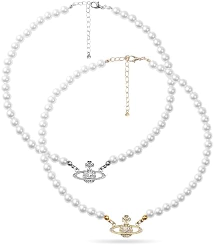 Aelflane 2PCS Saturn Artificial Rhinestone Pearl Necklace Set