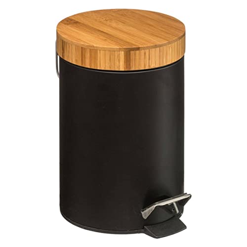 5 five simply smart 5five - Poubelle à Pédale Naturéo Noire 3L - Métal, Couvercle Bambou, Seau Amovible - pour Salle de Bain, WC, Bureau