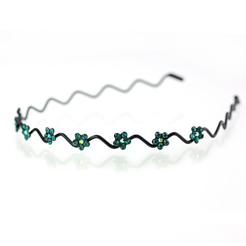 DoubleAccent Hair Jewelry Wavy Wire Headband with Simulated Crystal Flowers, Green