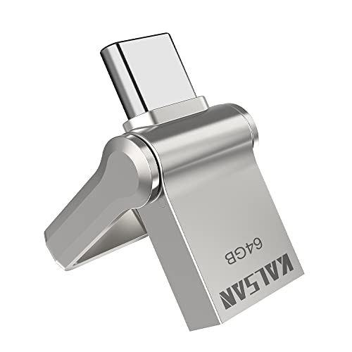 Kalsan USB-Stick Typ C, 64 GB, 2-in-1, OTG Typ C+ USB 3.0, wasserdicht, mit Schlüsselanhänger, Metall-Silber
