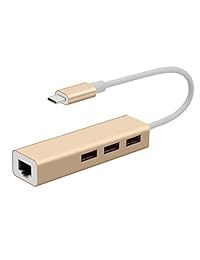 amusend Type C a USB3.0, 3 puertos USB Type C Hub, Type C con adaptador de red Ethernet, se aplican a Macbook y Windows (Vista XP 7 8 10), color plateado y dorado, Dorado