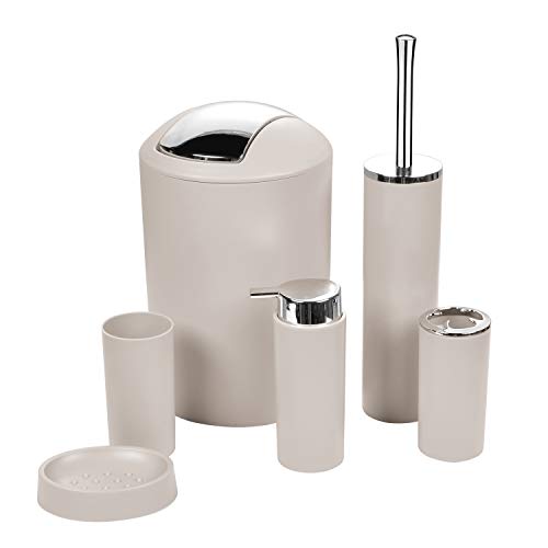 Zuvo 6 Pcs Plastic Bathroom Accessory Set Luxury Bath Accessories Bath Set Lotion Bottles, Toothbrush Holder, Tooth Mug, Soap Dish, Toilet Brush, Trash Can, Rubbish Bin (Beige)