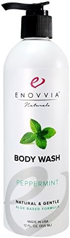 Enovvia Natural Peppermint Body Wash with Organic Aloe, Lightly Scented with 100% Pure Peppermint Essential Oil, SLS and Sulfate-Free, Great for Delicate Skin, 12 Ounce Bottle with Pump