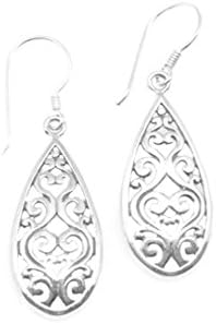925 Sterling Silver Filigree Teardrop Dangle Hook Earrings Handmade in Bali