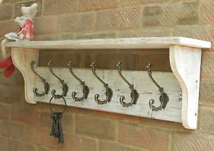 RusticWoodenCrafts Reclaimed wood Coat & Hat Rack with shelf Shabby Chic Distressed White Wash 7 hooks = 98cm