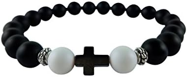 Mens Womens Christian Cross Bracelet 8mm Black Onyx Handmade 50% Proceeds Donated to Anti Human Trafficking Charities (Medium 7-7.5 Inch)