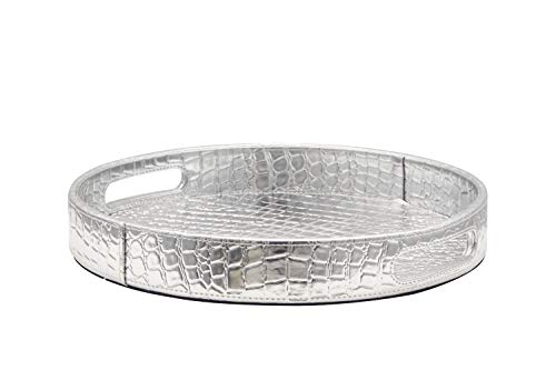 Silver Dia 13.5'' Round Glossy Croc Decorative Ottoman Coffee Table Serving Tray Cosmetic Vanity Tray for Perfume Jewelry Makeup By Decor Trends (1, 1 Silver)