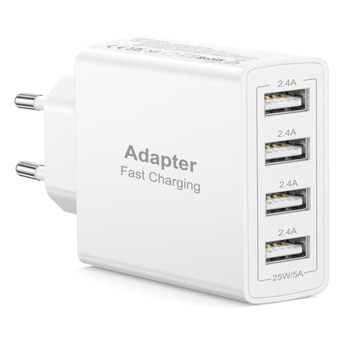 USB Charger, 4 Ports 25W/5A Plug U-SB Multiple Mobile Charger Fast Charging C-argador USB Multiple Fast Charger Carregador for iPhone 17/16/15/14/13/12/11/X/8, Samsung S25/S23/S22, Xiaomi