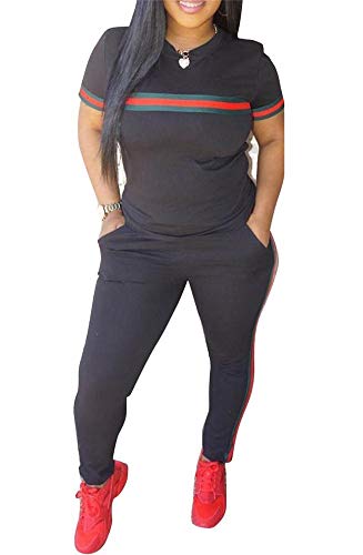Molisry Women 2 Pieces Sweatsuits Short Sleeve Crop Top Side Striped Slimfit Pants Outfits,Ablack,XX-Large