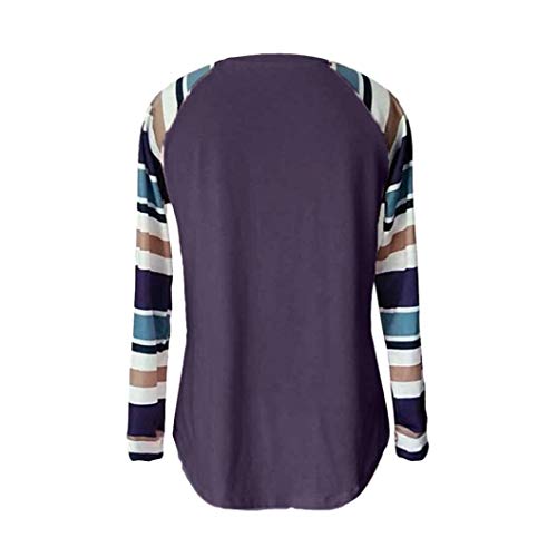 DEATU Womens Shirts Clearance! Ladies Teen Women Casual Autumn Classic Striped Long Sleeve O Neck Tops Blouses T Shirts(Purple,L)