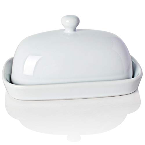 Sweejar Ceramic Butter Dish with Lid for Countertop,Porcelain Butter Keeper with Knob Handle,Butter Container for East/West Coast Butter, 7.1*3.7 inches (White)