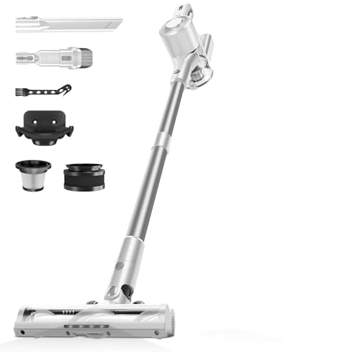Honki Cordless Vacuum Cleaner for Home, Powerful Stick Vacuum with Rechargeable Battery, Green Light Anti-Tangle Brush, 6-in-1 Lightweight Handheld Vacuum for Pet Hair, Hard Floor, Carpet, White