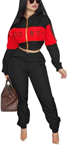 Bluewolfsea Women's Letter Print 2 Piece Outfit Colorblock Windbreaker Jacket Crop Top and Long Pants Set