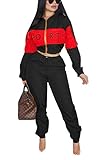 Bluewolfsea Women's Letter Print 2 Piece Outfit Colorblock Windbreaker Jacket Crop Top and Long Pants Set