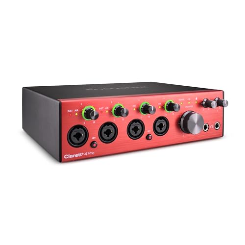 Focusrite Clarett+ 4Pre USB-Audio-Interface in Studioqualität für Musiker*innen – Hochwertige Aufnahmen über vier rausch- und verzerrungsarme Mikrofon
