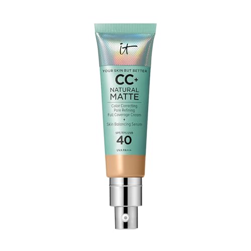 IT Cosmetics Full Coverage Foundation, Natural Matte, Made with Hyaluronic Acid, SPF 40 Protection, Your Skin But Better CC+, Shade: Medium Tan, 32ml