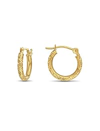 14k Gold Hand Engraved Diamond-cut Round Hoop Earrings, (0.5 inch Diameter)