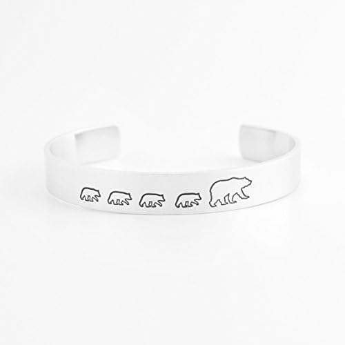 Mama Bear with Four Cubs Cuff Bracelet - Hand Stamped Aluminum