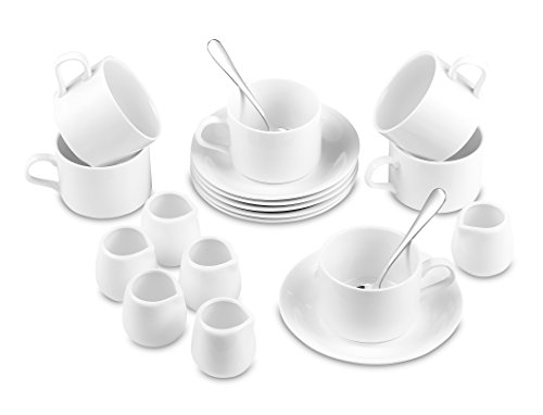 Nucookery White Coffee, Espresso & Tea Cup Saucer Set with Silver Metal Spoon, 6pc Serving Kit(1 Set)