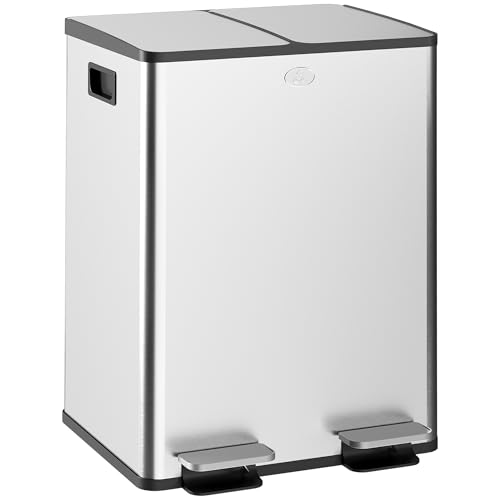 HOMCOM Trash Can and Recycle Bin, 2 x 5 Gallon (2 x 20 L) Stainless Steel Step Garbage Can with Soft Close, Stay-Open Lid, Deodorizer Compartment, Fingerprint-Proof, Silver