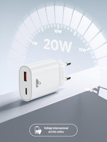 Cargador USB C, 2pack 20W Cargador iPhone Carga Rapida PD 3.0, Enchufe USB 2-Puertos (USB-C y USB-A), Múltiple Adaptador Cargador Tipo C para iPhone 17 16 15 14 Pro MAX, Samsung S26 S25 S24, iPad