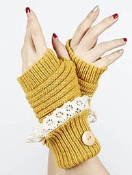 Women's Yellow Laced Fold Over Hand Wrist Warmer Button Accent Knitted Gloves. One Pair. 100% Acrylic. One Size.