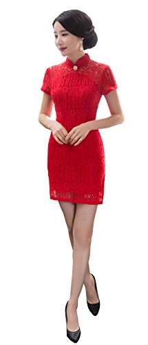 Angcoco Women's Short Sleeve Bodycon Lace Cheongsam Mini Dress Qipao