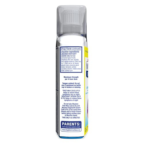 MUCINEX MAXIMUM STRENGTH FAST-MAX COLD & FLU AND NIGHTSHIFT, ALL-IN-ONE MULTI SYMPTOM RELIEF LIQUID, 6 FL OZ – 2 COUNT (PACK OF 1)