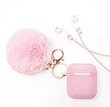 Airpods Case Cover - LEWOTE Airpods Silicone Cute Accessories [Protective Case, Anti-Lost Strap, Fur Ball Keychain] for Apple Airpod 1&2 (Pink)