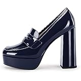 MOOMMO Women's Chunky Heel Pumps - 3.5 Inch Bowknot Patent Leather Loafers