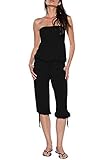 Pink Queen Women's Summer Casual Strapless Top Fifth Pants Beach Jumpsuit Romper