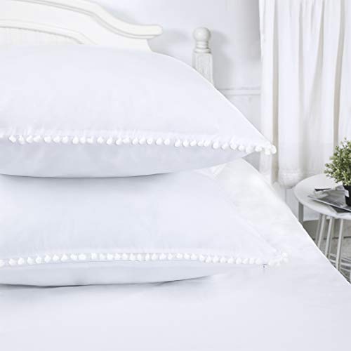 YINFUNG Pom Euro Sham Covers White European Sham 26x26 Set of 2 Pom Fringe Euro Pillowcase Boho Cute Pretty Ball Tassel Trimmed Girls 100% Cotton - Thumbnail 2