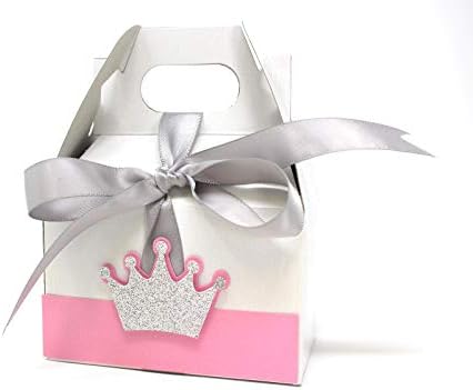 All About Details Princess Crown Theme Favor Box, 10sets, Gable Box, Party Decoration, Gift Box, Birthday, Baby Shower (Light Pink & Silver)