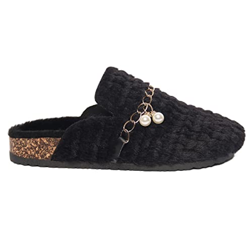 Women\'s chain plush slippers Artificial fur sandals Closed toe cork flat shoes Suitable for indoor and outdoor