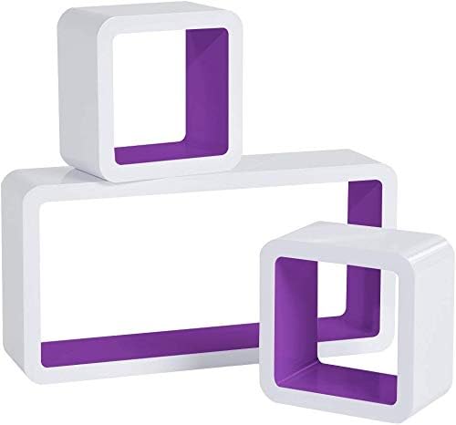 Delex Cube Floating Shelves with Retro Design Wall Mounted Display Shelf Set of 3 White/Purple