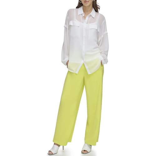 DKNY Long Sleeve 2 Pocket Flange Chiffon Shirt Blouse, Avorio, XL Donna