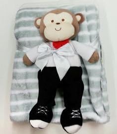 Baby Gray and White Soft Blanket with Stuffed Toy Monkey