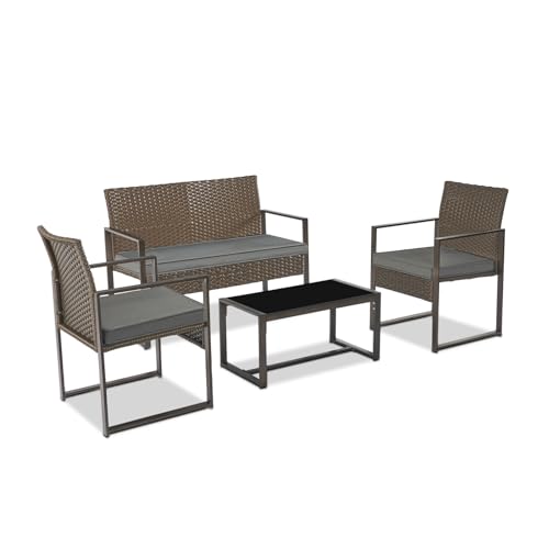 YIYAN 4 Piece Patio Furniture Set, Outdoor Wicker Furniture Set Patio Furniture Set, Bistro Set Outdoor Rattan Conversation with Coffee Table for Garden Balcony Backyard(Gray)