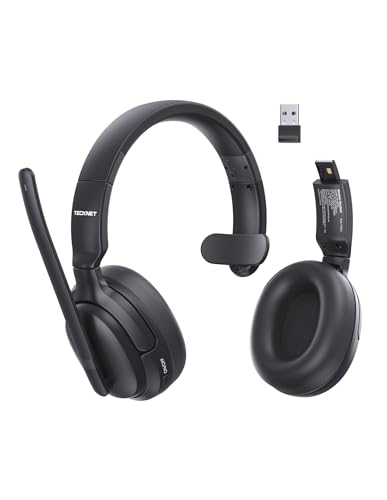 TECKNET 5.4 Bluetooth Headphones Over Ear, Stereo/Mono 2-in-1 Wireless Headphones, 65H Playtime & Mute, Wireless Headset with ENC Noise Cancelling Microphone for Home Trucker Office Call Center, Black