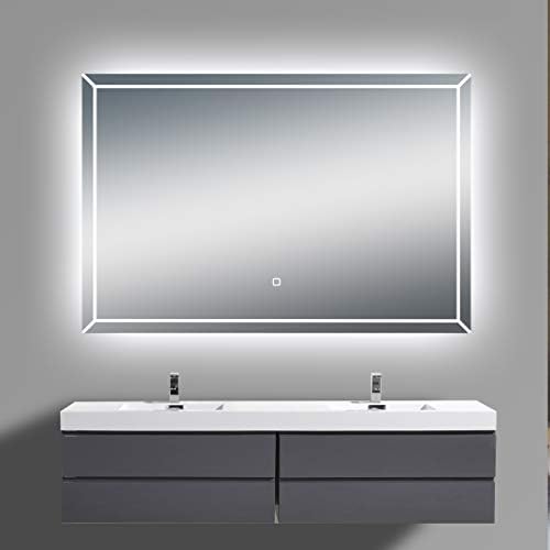 LED Backlit Illuminated Mirror 60". Wall Mounted for Bathroom, Makeup. Hardwired and Easy to Install. Bright White Light 20w Behind Rectangular Inset Frosted Glass for Flattering Glow