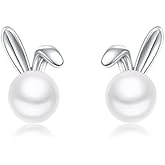 Cute Rabbit Pearl Tiny Stud Earrings for Women Teen Girls 925 Sterling Silver Bunny Animal Cartilage Hypoallergenic Small Studs Earring Elegant Jewelry Gifts Bff