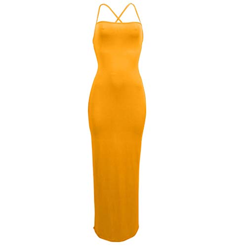 Womens Elegant Bodycon Casual Maxi Dress,Ladies 2019 Summer Sleeveless Solid Sexy Mature Soft Supple A-Line Sling Long Dress (Yellow, M)