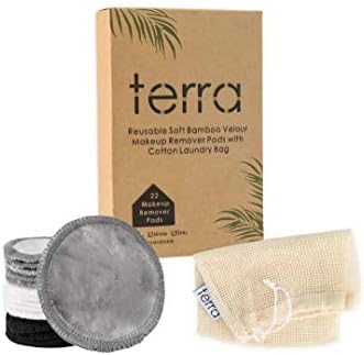 Reusable Make Up Remover Pads, 22 Bamboo Velour Cotton Removal Pads with Cotton Laundry Bag, Washable and Eco Friendly, Highly Durable Make Up Remover Pads, Zero Waste, By Terra