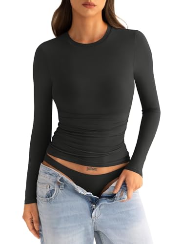 EasyGala Womens Double Lined Long Sleeve Shirts CrewNeck Ruched Basic Tops at Amazon