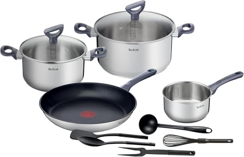 Daily Cook - Juego de Sartén antiadherente 28 cm + 2 Ollas 20/24 cm + Cazo 16 cm + 5 Accesorios, Apto inducción, Thermo-Fusion, marcas medición, apto lavavajillas y horno, acero inoxidable